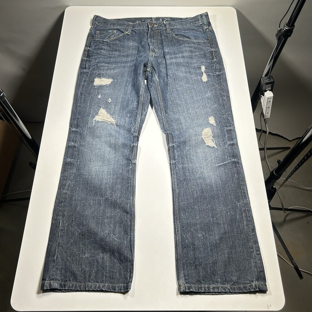 Helix Slim Boot Jeans Mens 36x31.5 Dark Blue Distressed Faded Y2K Denim